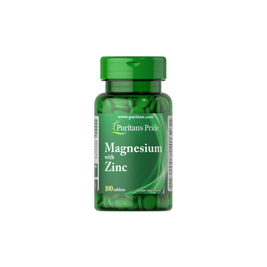 A bottle of Puritan's Pride Magnesium with Zinc 100 Tablets, green in color.